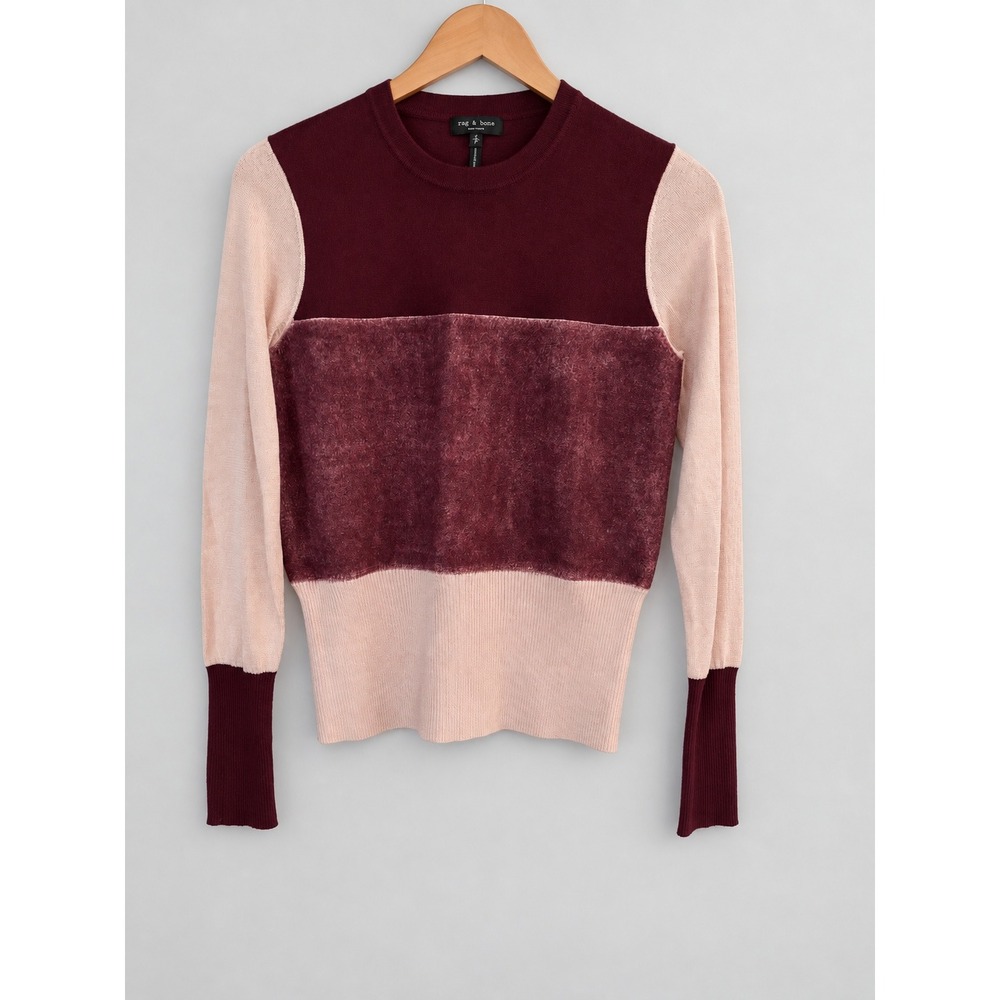 Rag & Bone Colorblock Merino Wool Velvet Panel Sweater Burgundy Pink Small